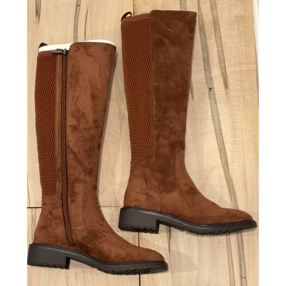 Kenneth Cole Reaction Lionel Tall Stretch Back Panel Boots Caramel Cafe - Picture 2 of 9